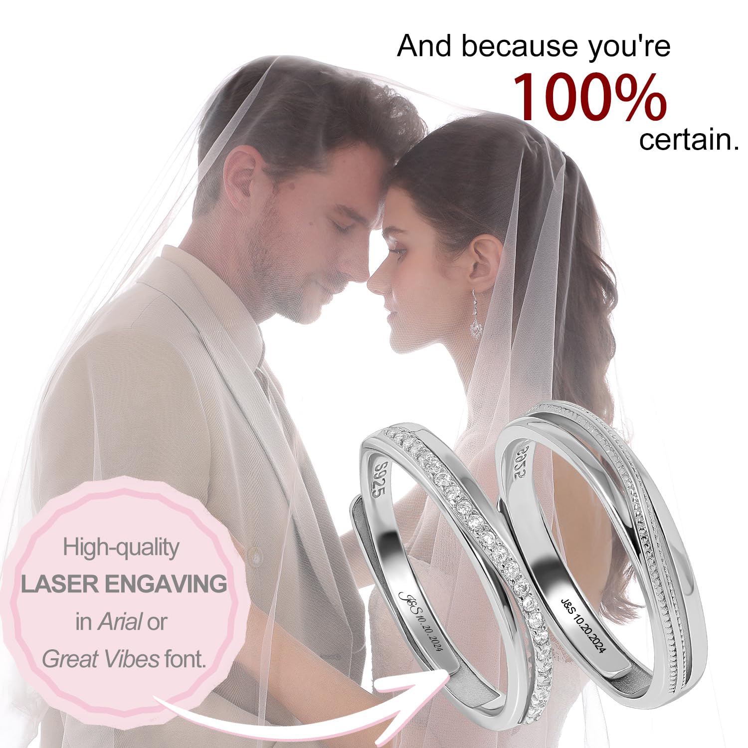 Meissa 925 Plata Anillos para hombre Anillos de compromiso para parejas ajustable con circonita cúbica Anillos de boda Joyas de boda Regalo San Valentín, Juego de Dos Anillos (Grabado)