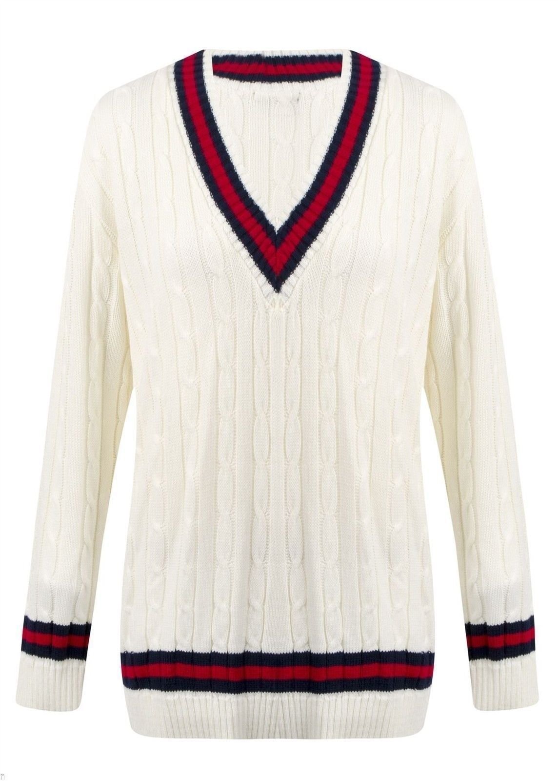Love Celeb LookNew Ladies V Neck Cable Knitted Cricket Stripe Jumper
