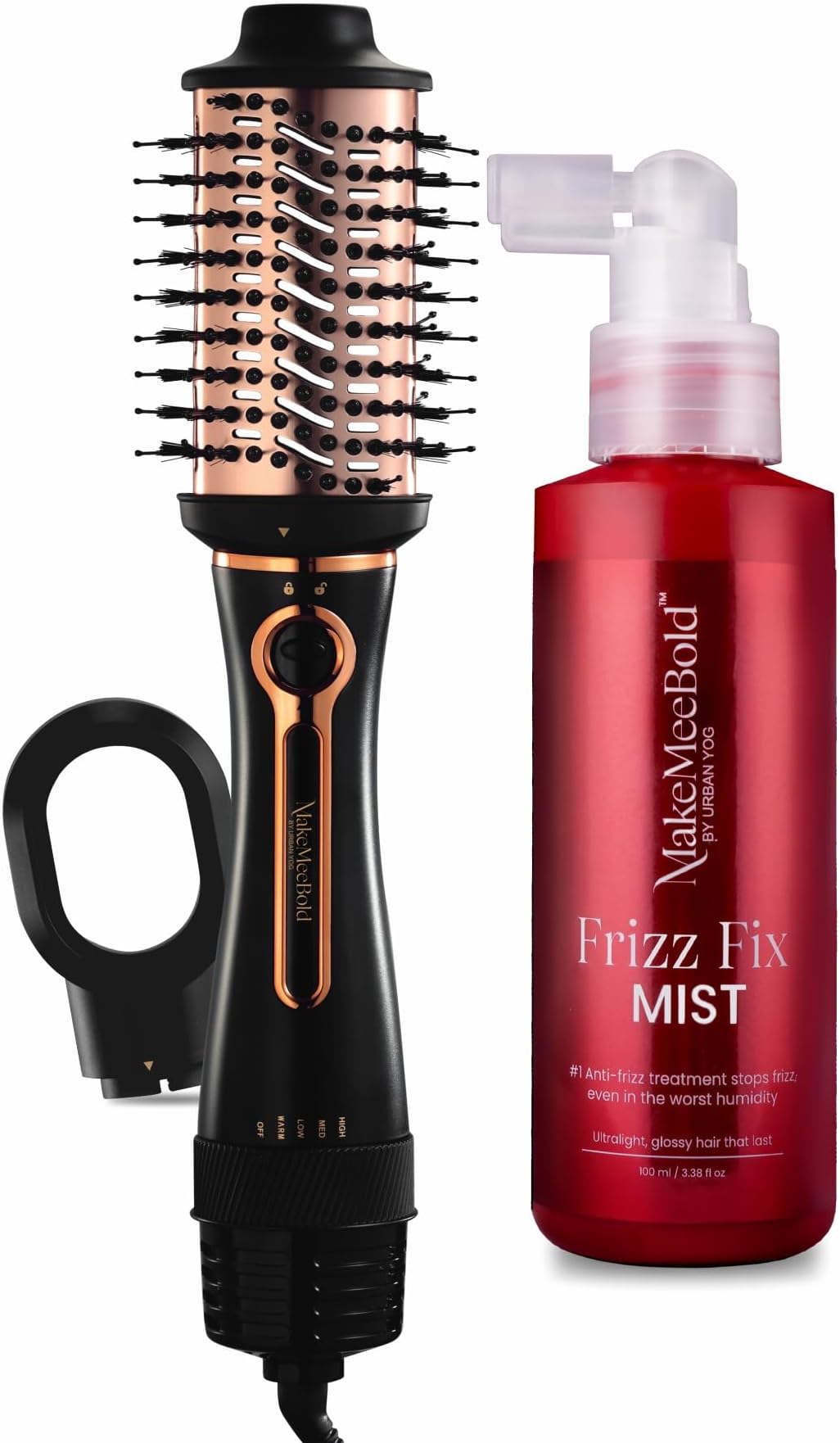 Urban Yog MakeMeeBold 3-in-1 Hot Air Brush & Frizz Fix Mist Combo | 1.5" Barrel Hair Dryer, Straightener & Volumizer | Anti-Frizz Hair Spray for Smooth, Frizz-Free Hair