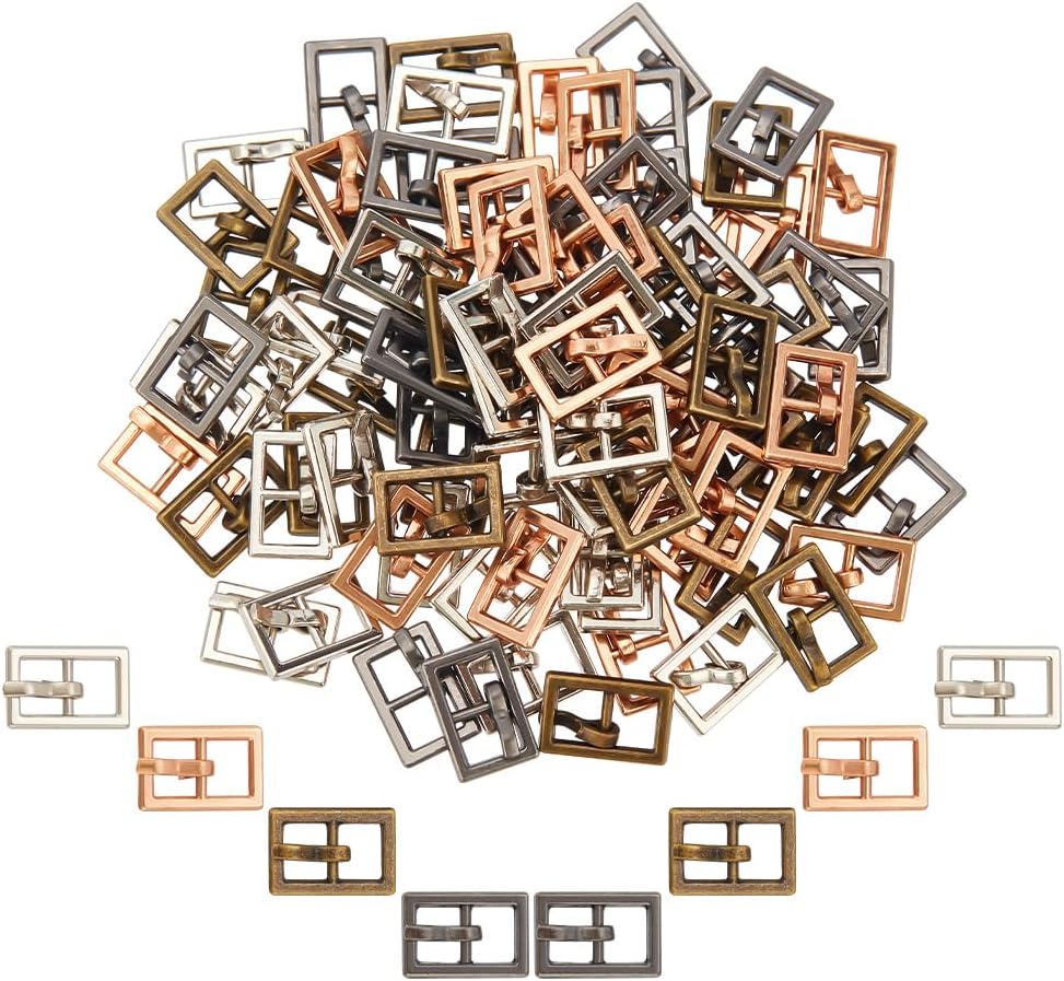 NBEADS 100 Pcs 4 Colors Mini Alloy Center Bar Buckles, Single Prong Rectangle Belt Buckles Metal Pin Buckles Rectangle Webbing Slider Strap Adjuster for Belt Strap Bags DIY Accessories