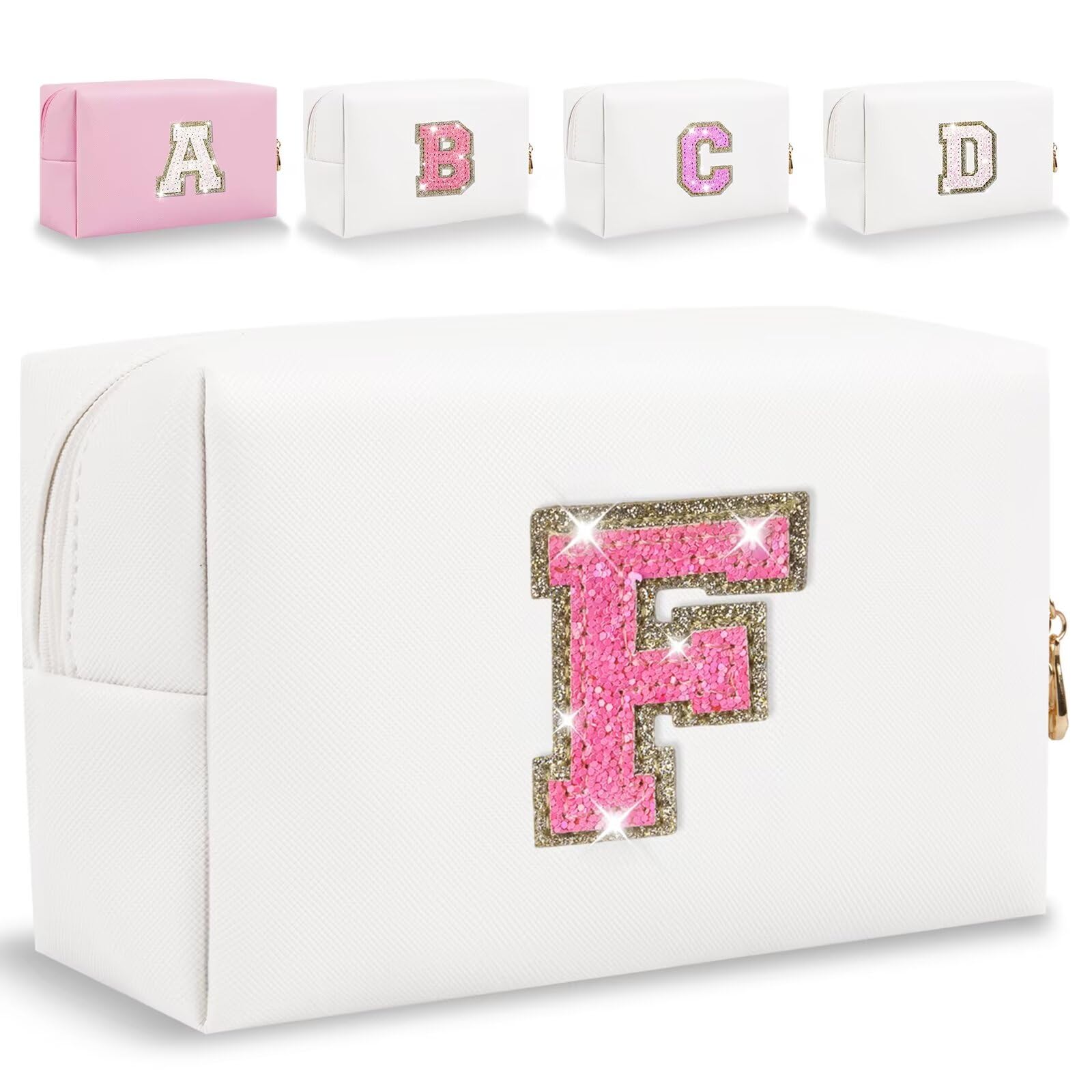 Small Personalized Glitter Initial Letter Makeup Bag Cute PU Leather Chenille Letters Cosmetic Bag Travel Makeup Pouch Preppy