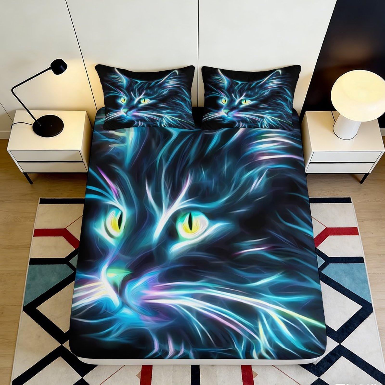 3D Printed Neon Cat Pattern Fitted Sheet Microfiber Deep Pocket Bedroom Bedding Neon Cat Mattress Fitted Cover 120x200x25cm