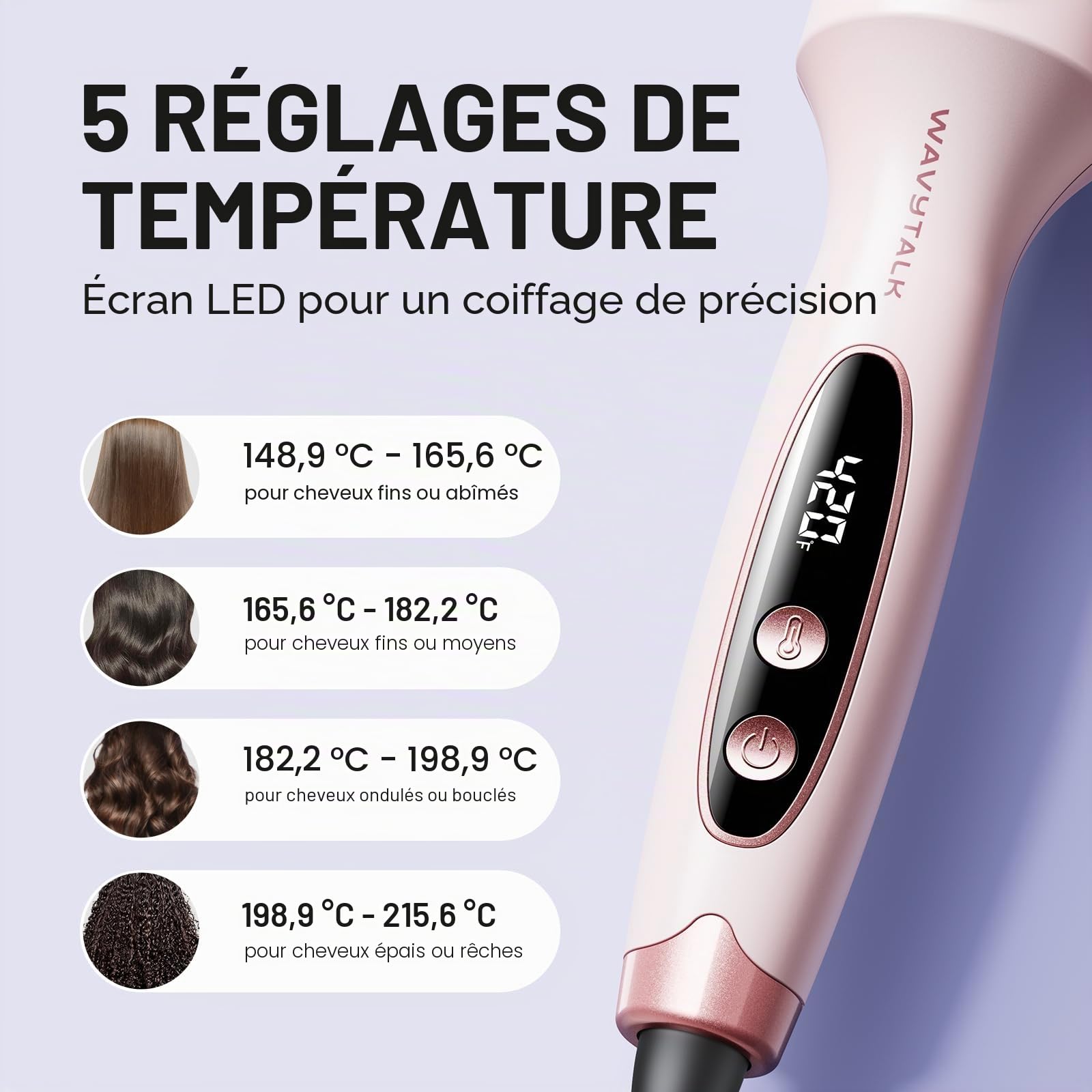 Wavytalk Brosse thermique, 3,8 cm, brosse ronde chauffante pour un look éclatant, double tension, rose, sakura, céramique tourmaline, technologie ionique négative, 5 réglages de température