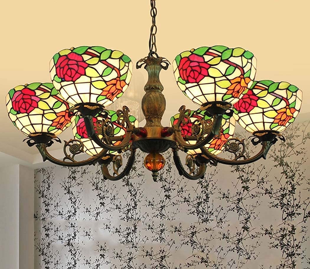 METTEOR Pastoral Rose Multi-Head Art Chandelier In Tiffany Style Stained Glass Ceiling Pendant Lamp Light,E27,For Living Room Bedroom Dining Room Ki (E)