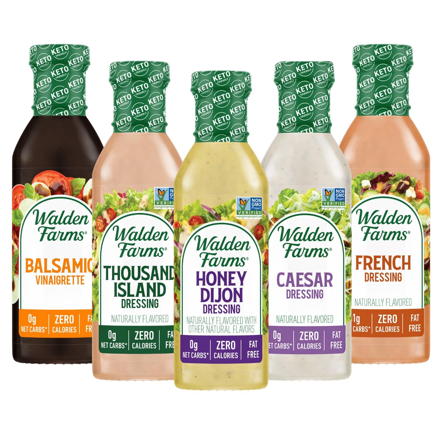 Walden Farms Salad Dressings Variety Pack – Balsamic Vinaigrette, Thousand Island, Honey Dijon, Caesar, French – Calorie-Free, Gluten-Free, Low Carb, Keto-Friendly, Sugar-Free, Dairy-Free – 12 Fl Oz (Pack of 5)