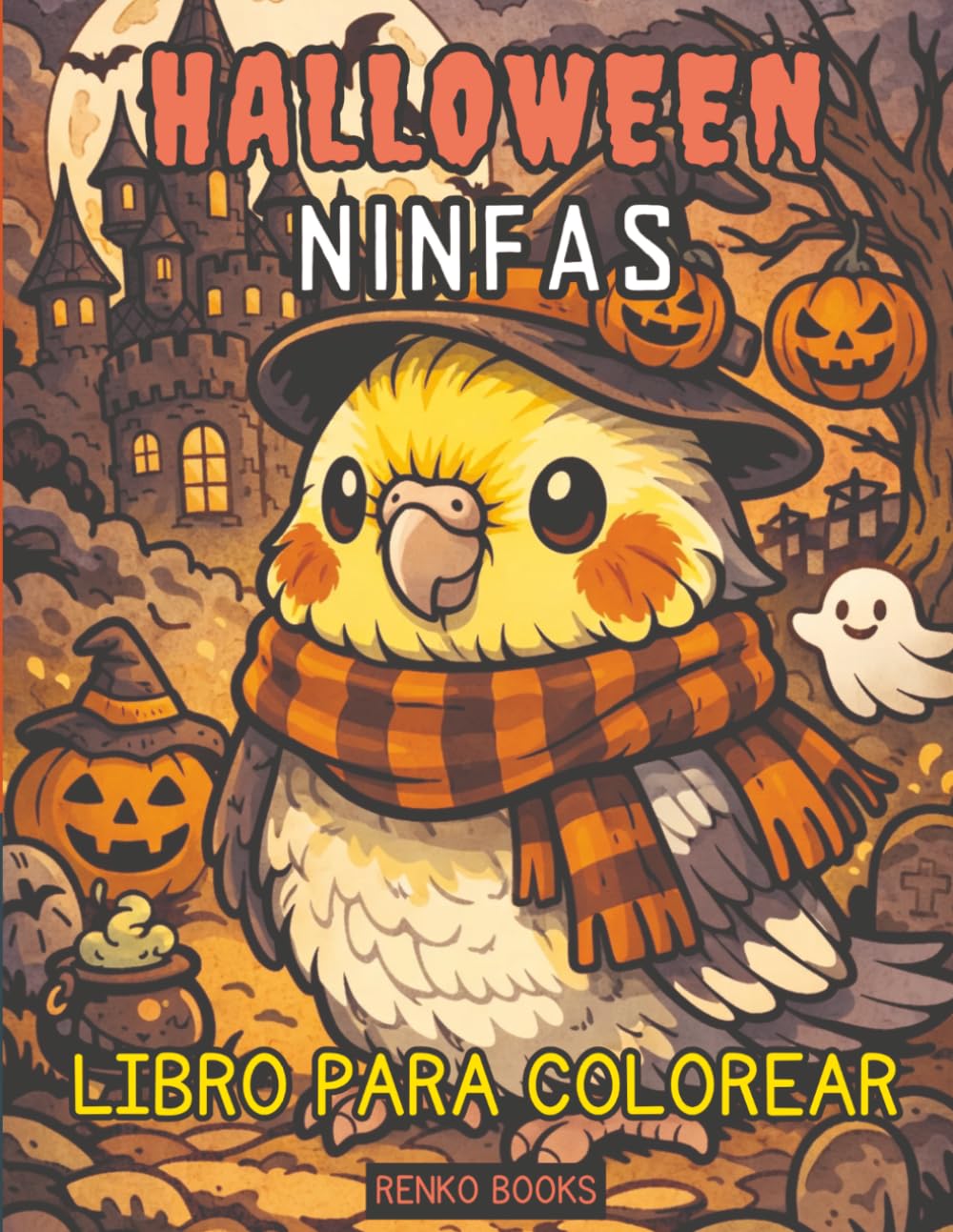 Libro para colorear de ninfas de Halloween: Adorables y espeluznantes diseños de loros con calabazas, brujas, murciélagos, fantasmas y escenas ... páginas relajantes para aliviar el estrés.