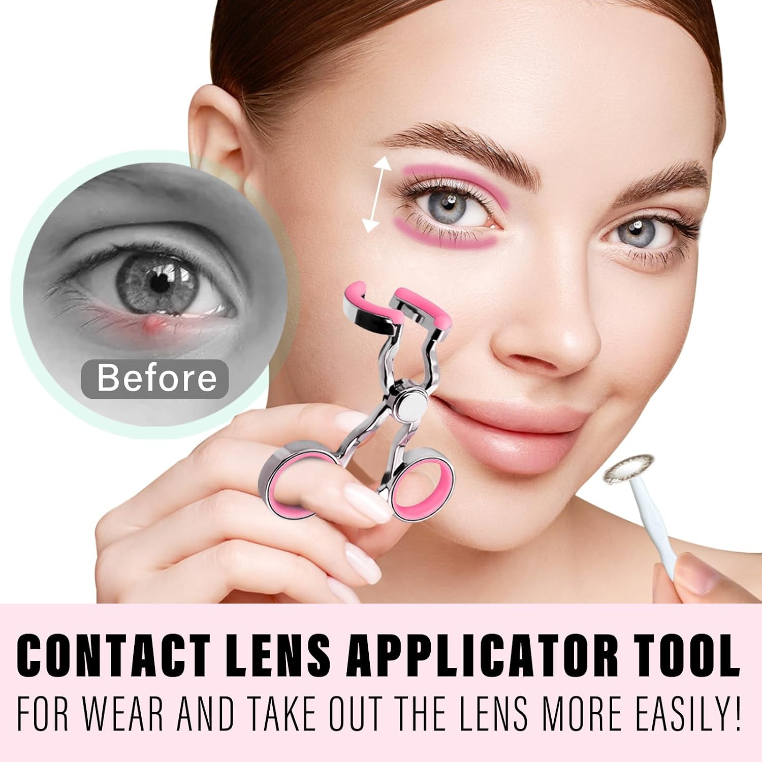 Contact Lens Applicator Tool, Gentle Suction Cup & Tweezer Set for Easy, Hygienic Insertion and Removal of Soft Contact Lenses, Elegant Rose Pink