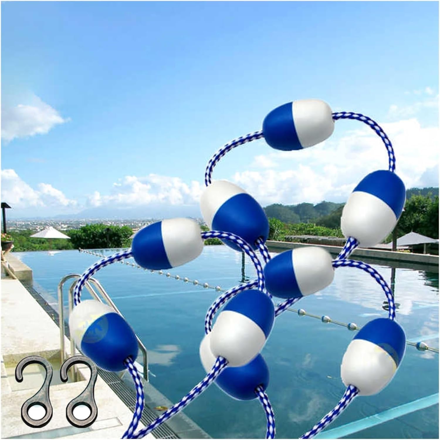 JKJZSALJ Pool Safety Hook Pool Lane Dividers, Swimming Safety Rope With Hook For Swimming Pools, Waterways And Shallow Water Areas,Blue+white,9m/29.5ft