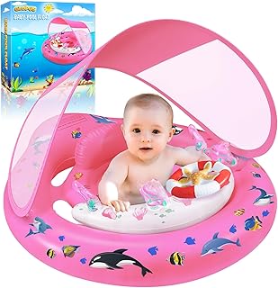 Baby Pool Float with Canopy UPF50+ Sun Protection, Inflatable Kids Pool Floats with Toy