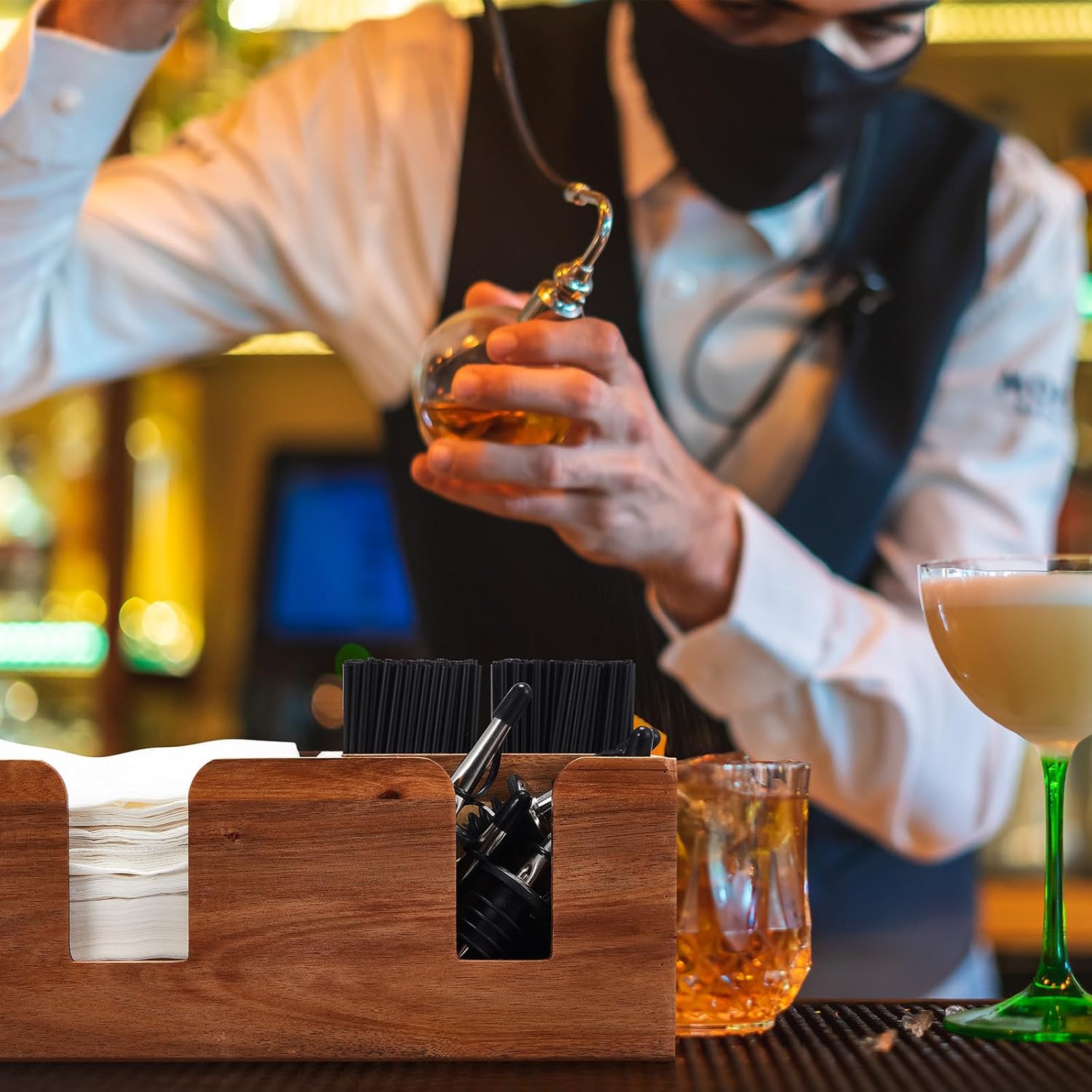 Mifoci 2 Pcs Acacia Bar Caddy with 5 Compartments, Wooden Bar Napkin Holder Organizer Cocktail Straws and Toothpicks Condiments for Home Office Kitchen Countertop(10.6 L x 5.5 W)