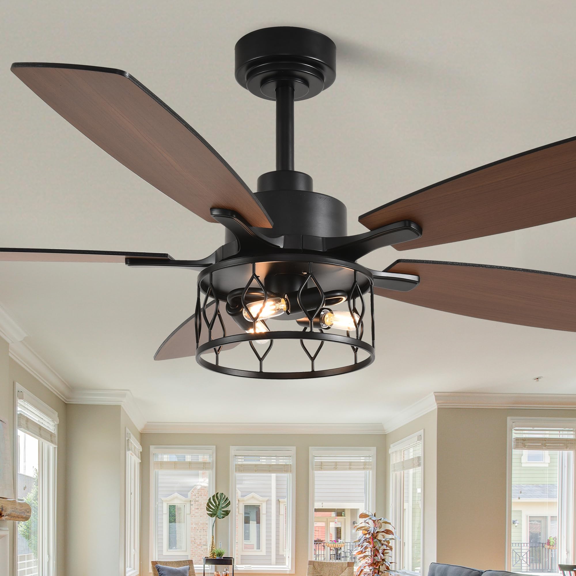 52'' Farmhouse Ceiling Fan with Light Rustic Caged Chandelier Fan