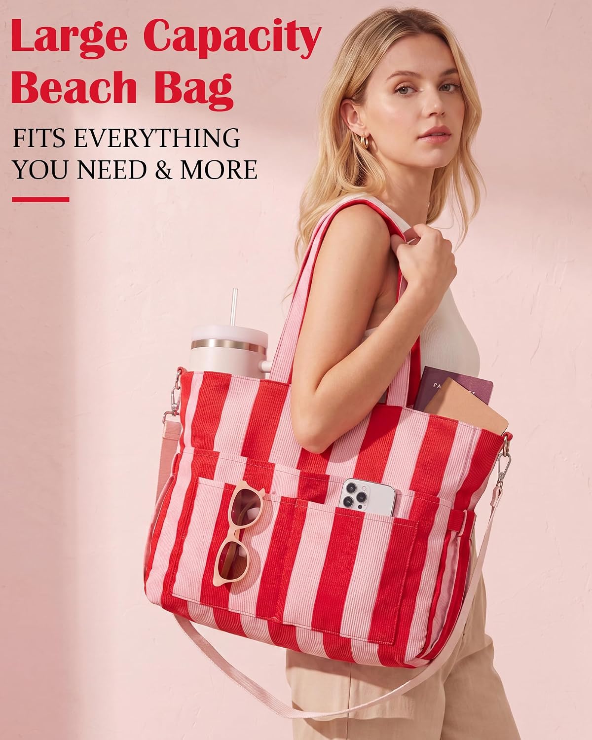Kacctyen Striped Beach Tote Bag for Women Large Beach Foldable Tote Bag with Zipper Pockets for Travel Pool