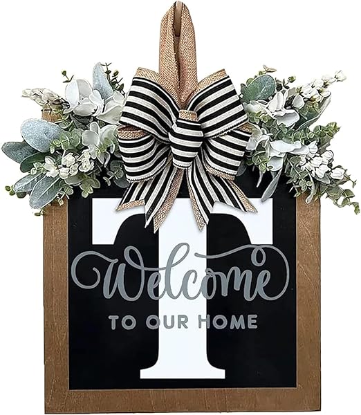 Last Name Front Porch Decor, Welcome Sign Wreath, Outdoor Decorations, 26 Letter Hanging for Door, Spring Wreaths, All Seasons Monogram (T)