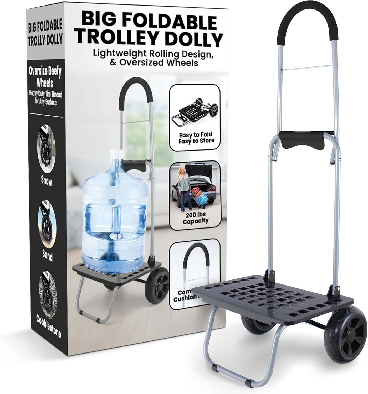 dbest Bigger Trolley Dolly MM Folding Hand Truck - 200 lb Capacity, Oversized Wheels, Compact Storage Utility Cart