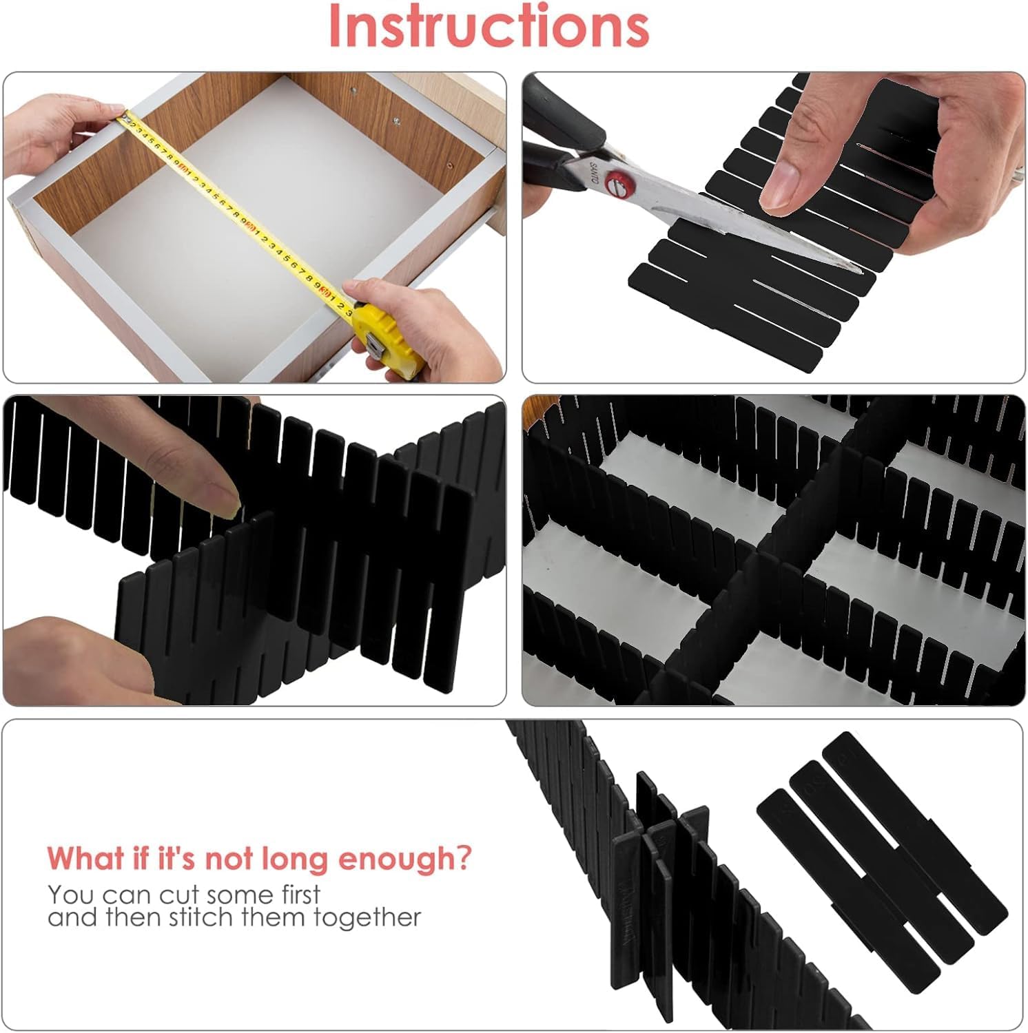 85Pcs Drawer Dividers, Adjustable Drawer Organiser, Cut at Will for Tidying Clutter Clothes, Socks, Makeup, Dresser, Kitchen Black