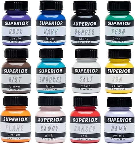 SUPERIOR LEATHER PAINT Pintura acrílica para cuero juego de 12 colores con preparador de pintura y desengrasante para pintura acrílica de cuero para