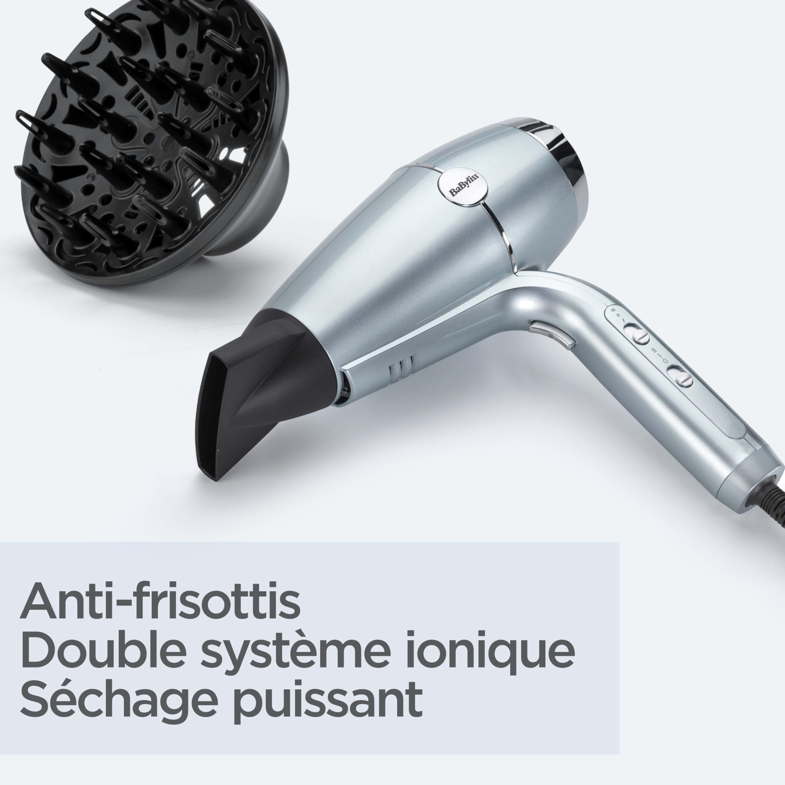 Sèche‑cheveux BaByliss Hydro‑Fusion avec Diffuseur – Sèche‑cheveux ionique professionnel 2100 W, technologie plasma pour brillance, design léger, 3 températures & 2 vitesses, bleu, D773DE