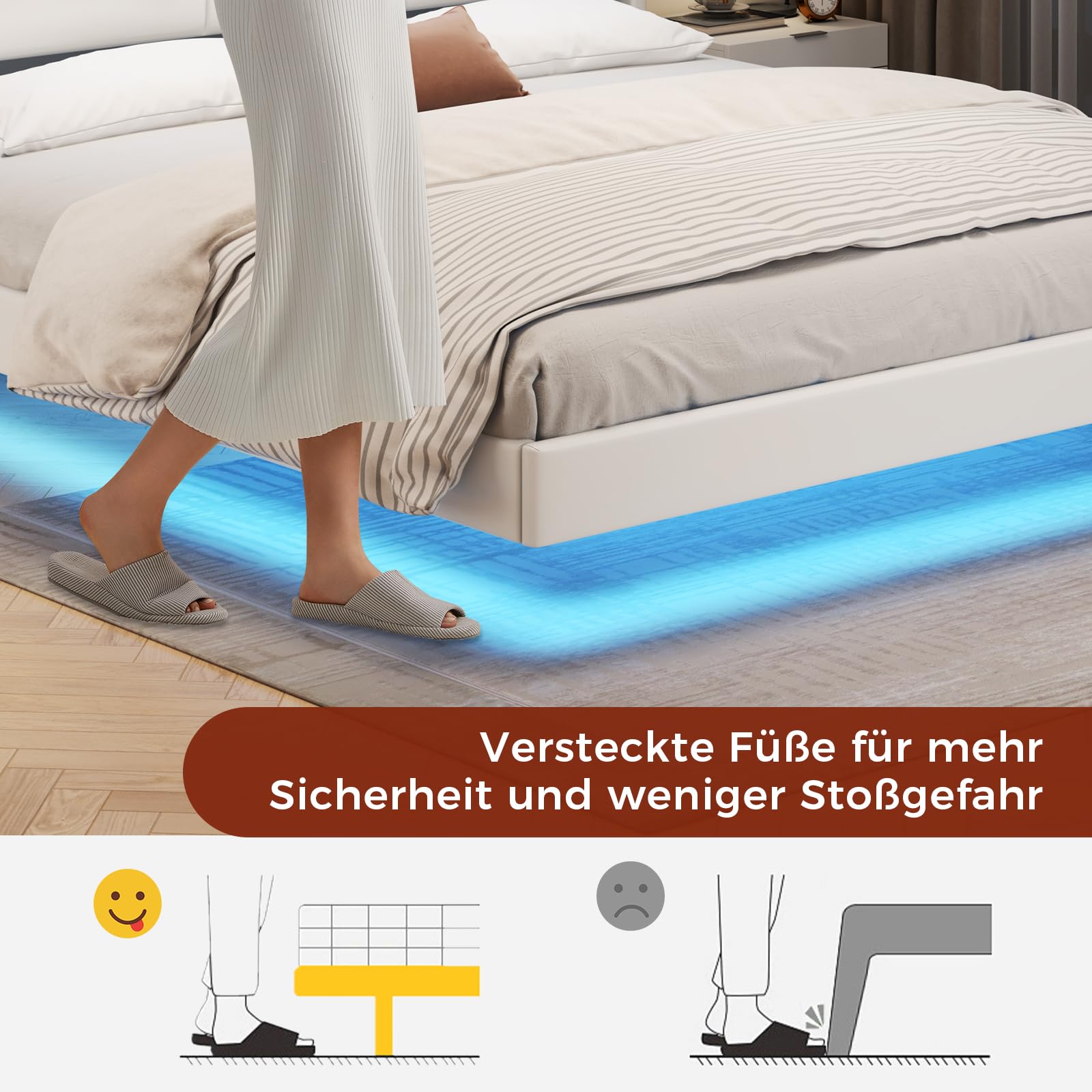 KIMENICH Polsterbett 180x200 cm, Schwebebett, Bettrahmen mit LED-Beleuchtung, Ladestation, Doppelbettgestell, Bettgestell mit Kopfteil, Bett, Schwebender visueller Effekt, für Schlafzimmer, PU Weiß