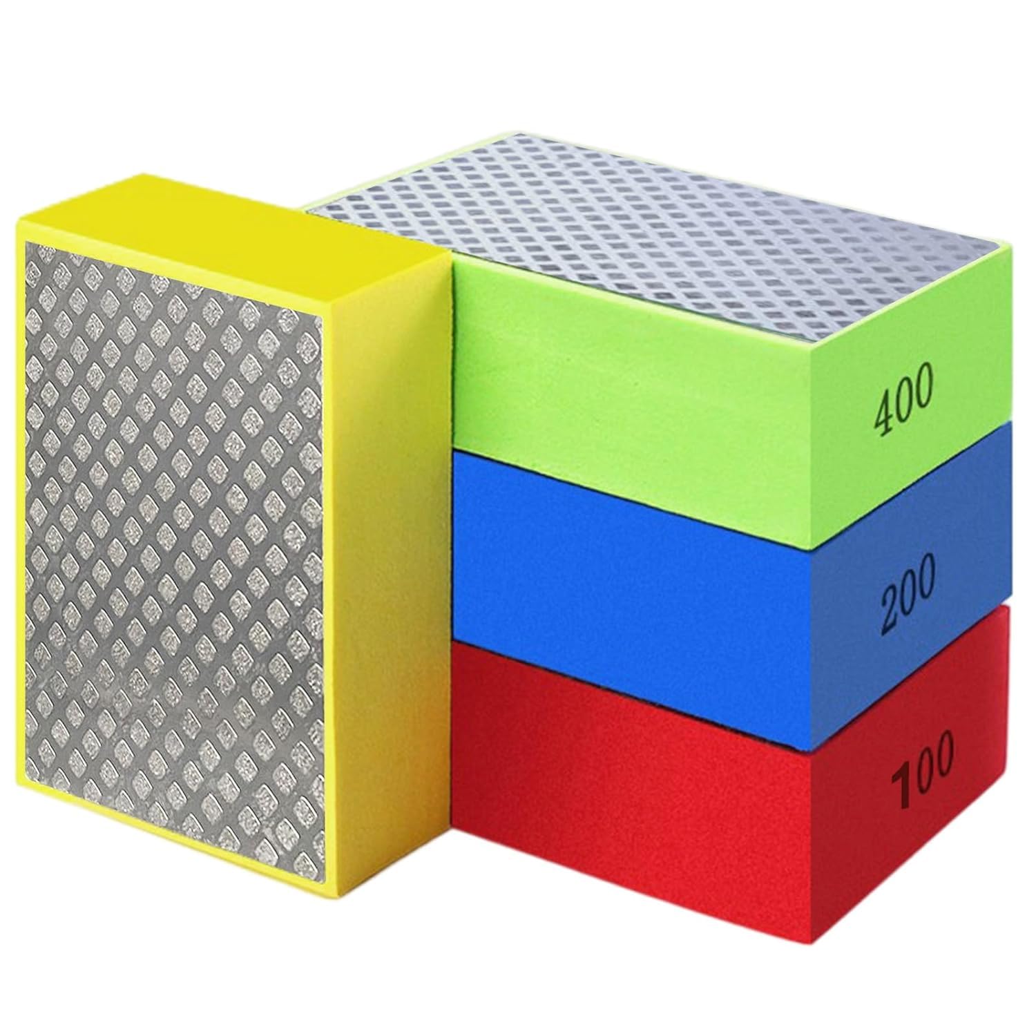 4pcs Hand Diamond Polishing Pads for Glass,Tile Polishing Pad,Diamond Sanding Blocks for Porcelain,Concrete Stone Granite Marble Ceramic Grinding Trimming 60#,100#,200#,400#