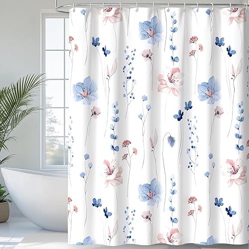 QiyI Watercolor Floral Shower Curtain, Flowers Print Minimalist Bathroom Curtain,