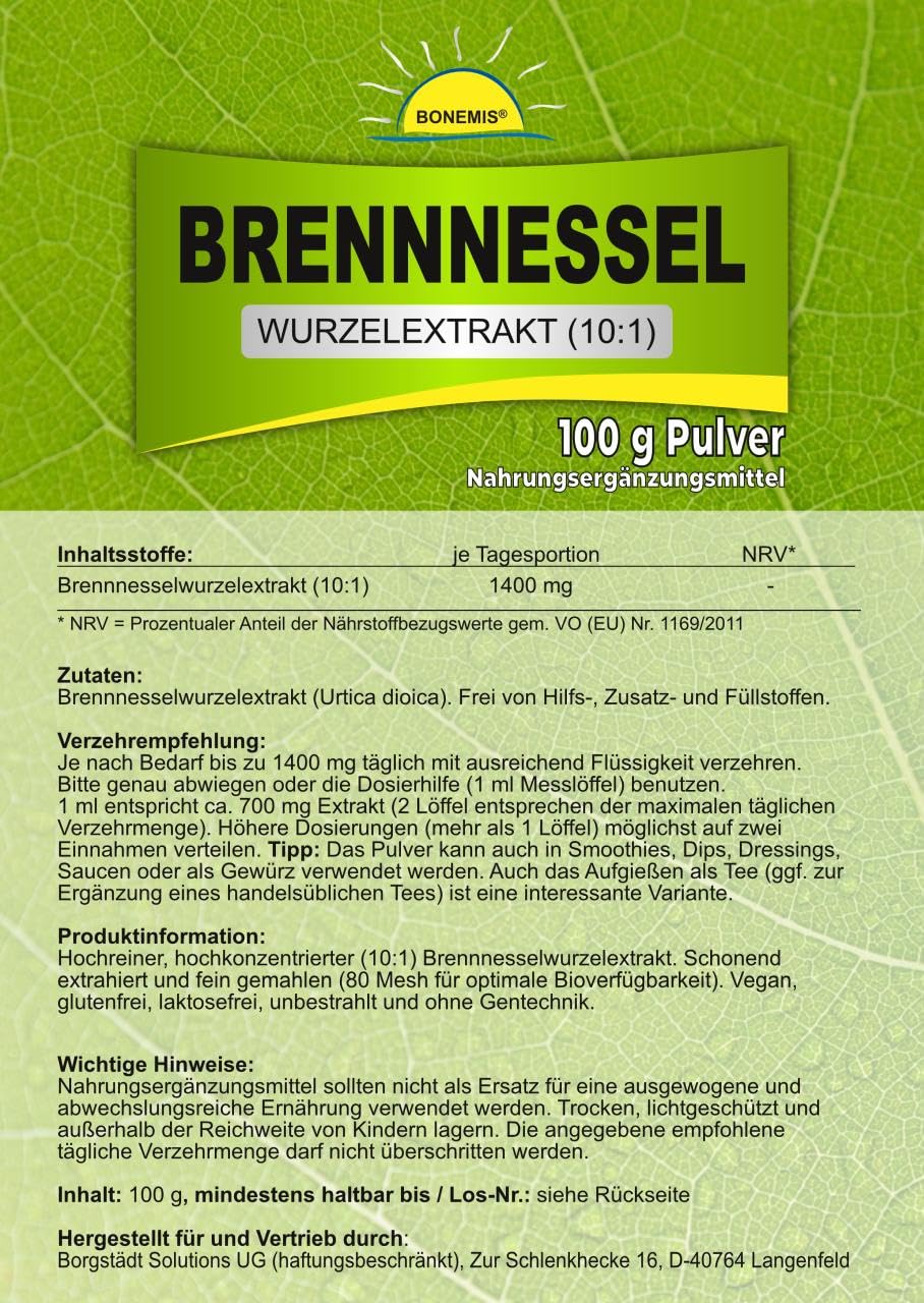 Brennnessel Wurzelextrakt (10:1), Premiumqualität ohne Zusätze, 100 g veganes Pulver im Beutel, Bonemis®