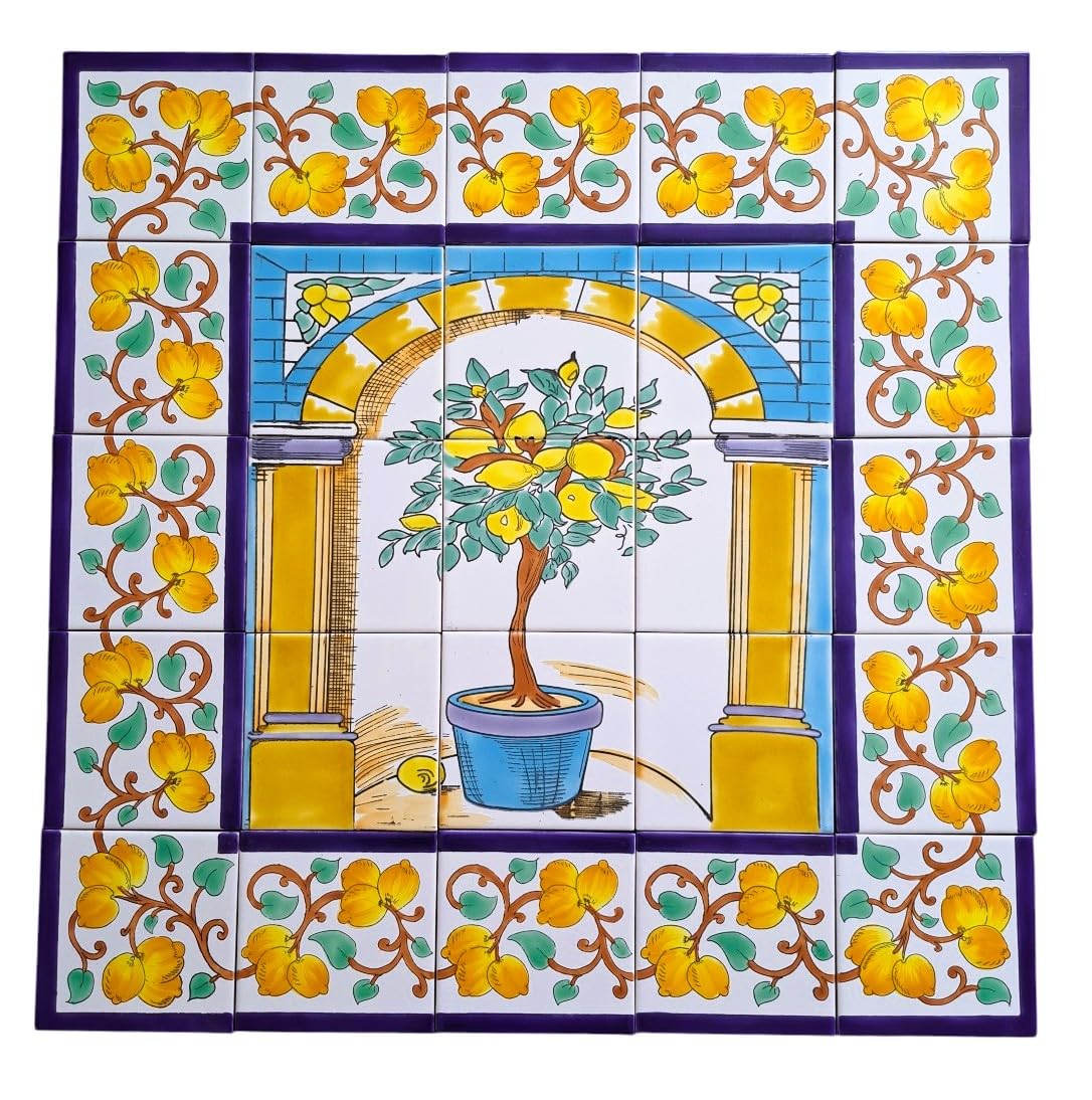 Quadtratisches Fliesenbild mit Bordüren, Zitronenbaum 75cm x 75cm - Mediterrane Fliesen - handbemalte Fliesen Mosaik- Wandfliesen - Keramikfliesen - Mosaikfliesen - Tegel