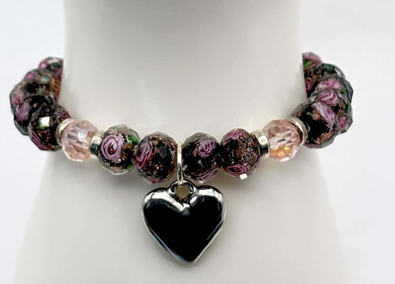 Handcrafted Black Floral Glass Lampwork Beaded Stretch Bracelet with Pink Rose Pattern, Silver Heart Charm For Women - Image 4