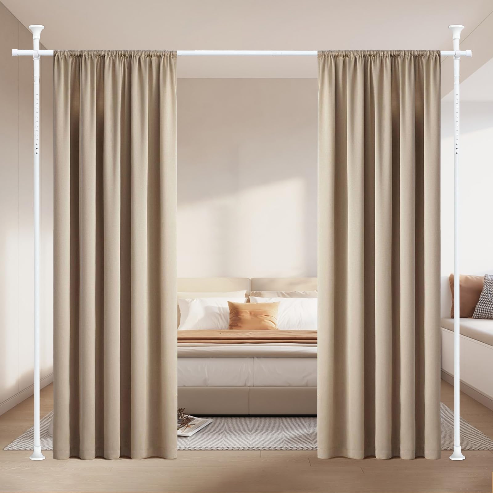 Room Divider Rod, Curtain Rod No Drilling Partition Room Dividers Tension Rod, 4-10ft (H) 48-72inch(W) Floor to Ceiling Room White