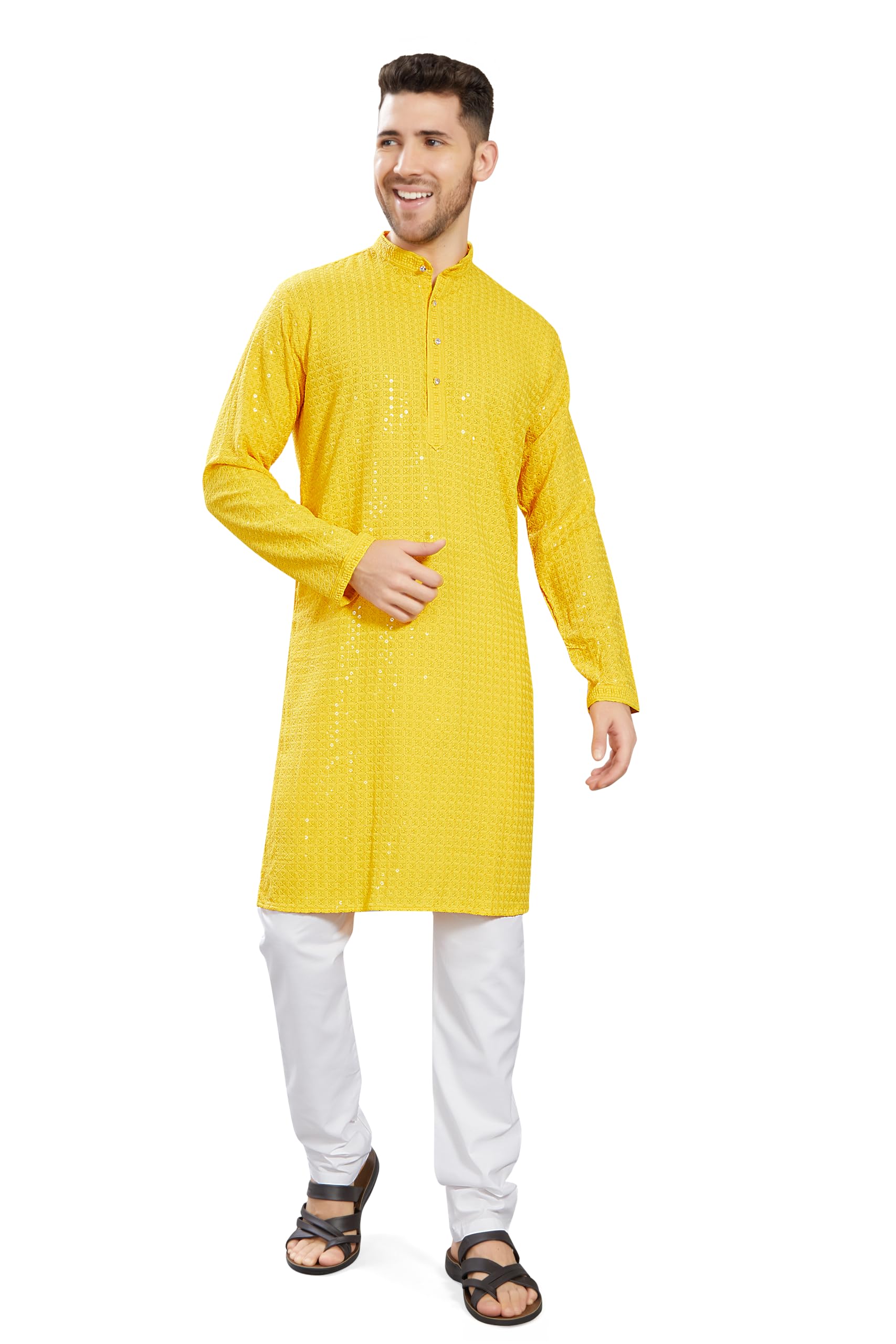 Divisive Men's Sequince Embroidered Cotton Blend Only Slim Fit Kurta (Dkrt741_Xl_Yellow)