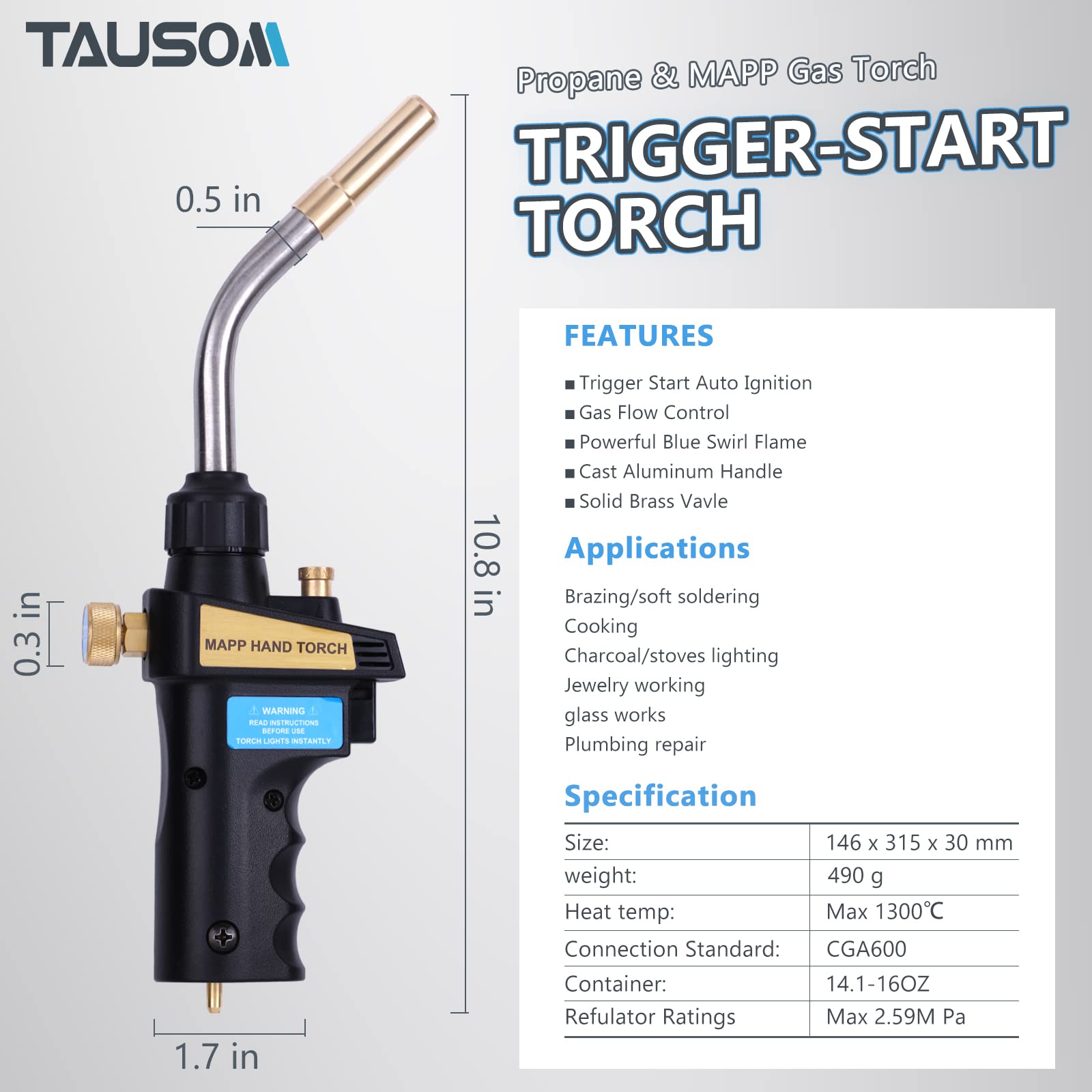 TAUSOM Propane Torch Head, Mapp Gas Torch Trigger Start & Flame