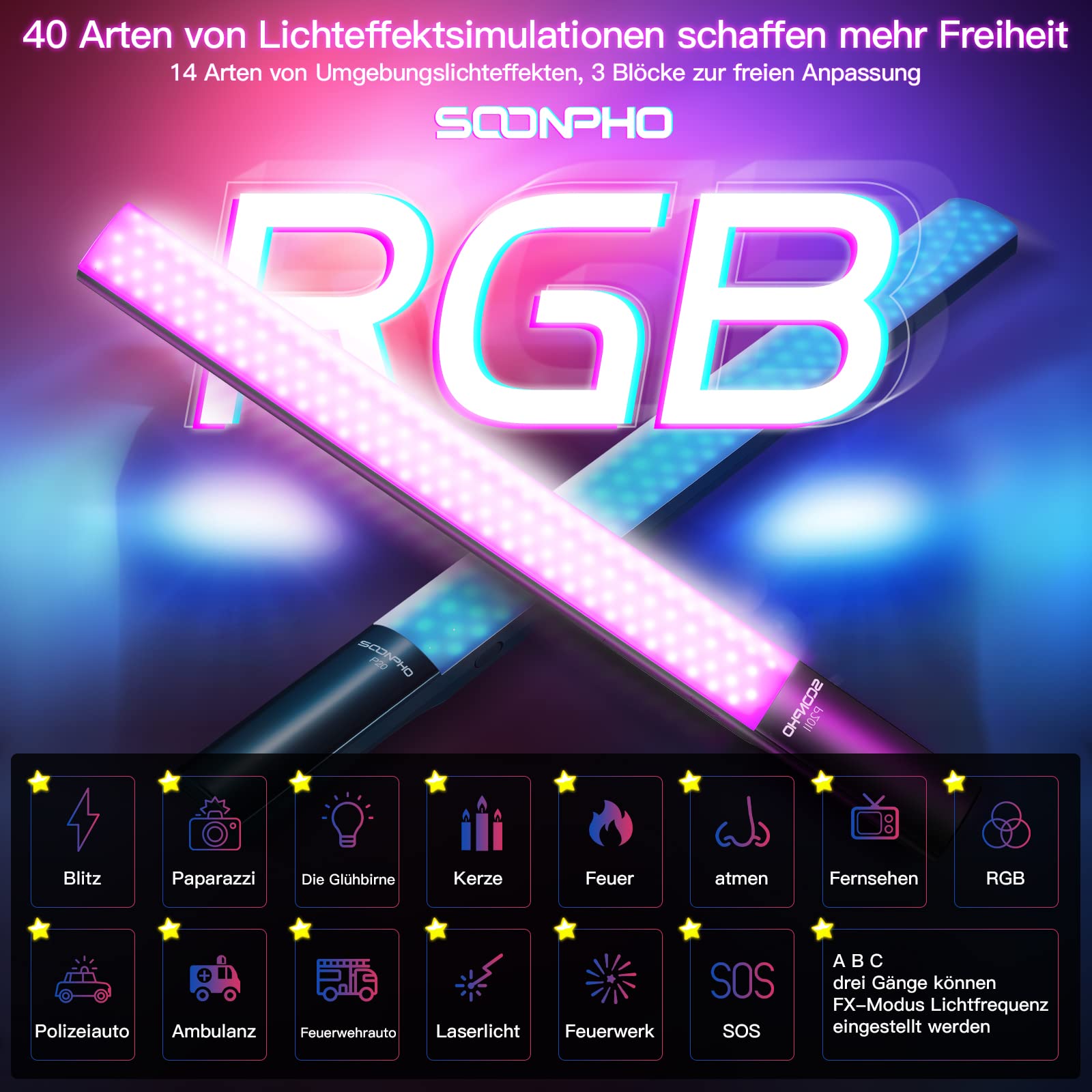 SOONPHO P20II RGB vidéo couleur DEL bâton lumineux photographie tube