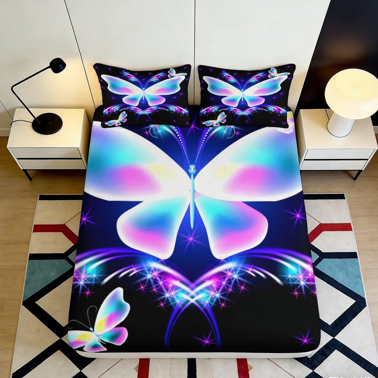Dhbaneiok Style-3 3D Printed Neon Butterfly Fitted Sheet Microfiber Soft Bedroom Decor Galaxy Bed Cover For Mattress Protection 90X200x25cm
