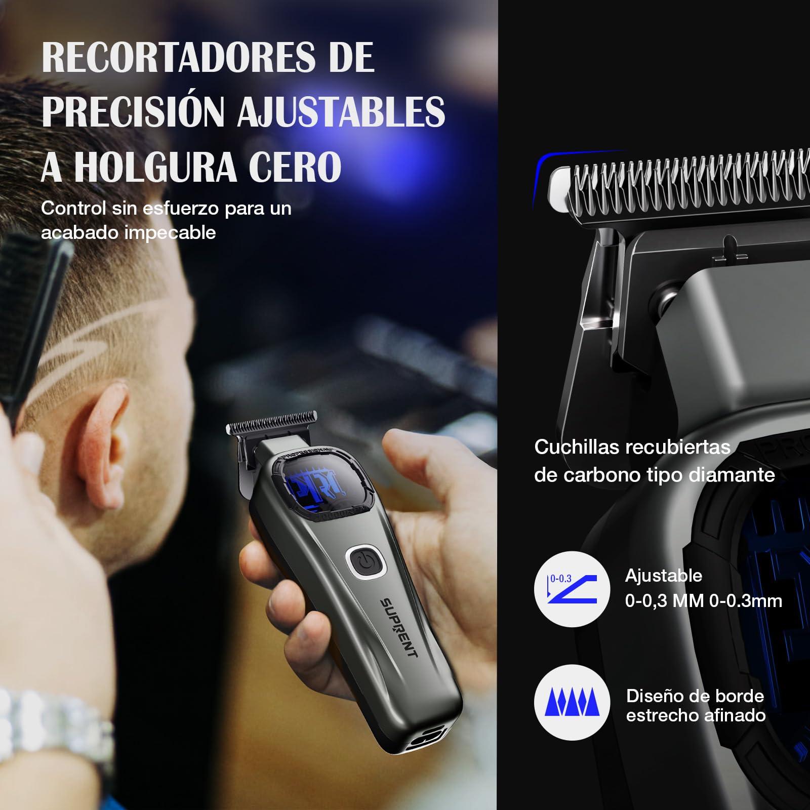 SUPRENT Maquina Cortar Pelo Profesional-Kit de Maquina de Cortar Pelo Hombre Inalámbrico con Cuchilla Fade Recubierta de Titanio, Peines guía Magnéticos, Estación de Carga (Gris)