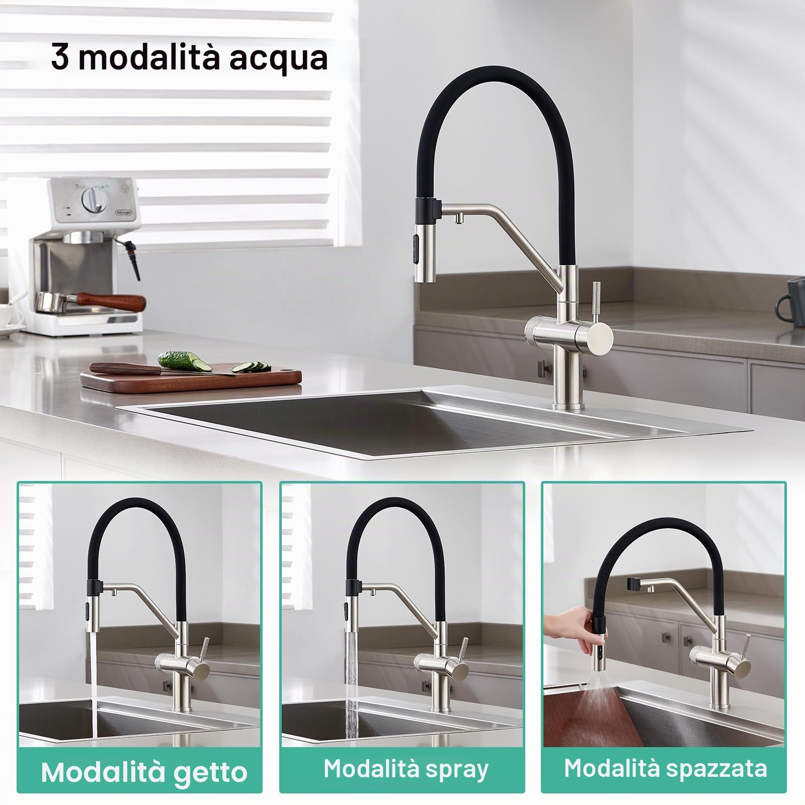Faustina Miscelatore da cucina a 4 vie smontabile, doppia leva con sistema a osmosi per acqua potabile, rubinetto per lavello con tubo flessibile in silicone nero