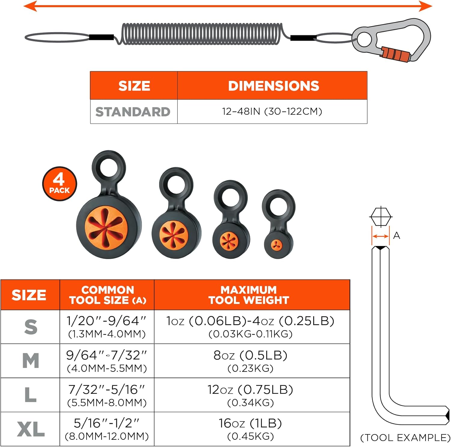 Hand Tool Tethering Kit for Screwdrivers & Hex Key Wrenches, Includes 4 Tool Attachment Slips & 1 Tool Lanyard, Weight Capacity 1 lb, Ergodyne Squids 3194