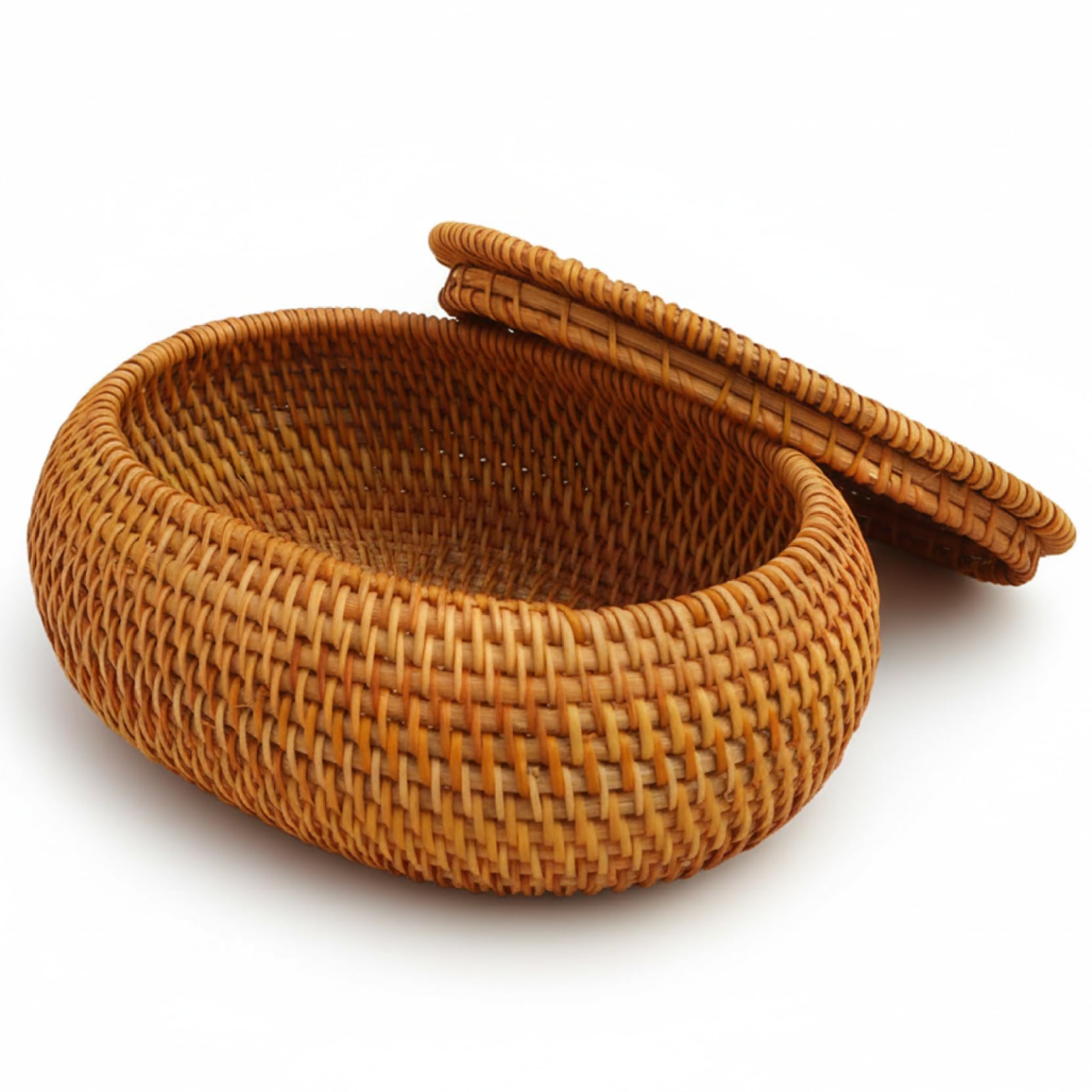 Xdyyjrasa Wicker Basket with Lid - Natural Rattan Storage Basket, Round Decorative Box for Keys Snacks Fruits, Oval