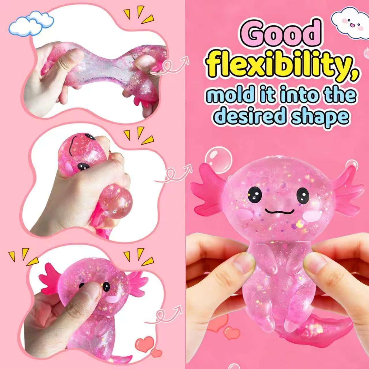 Glitter Axolotls Squishies Toy, Stretchy Axolotls Stress Ball, Soft Squeeze Sensory Fidget Toys for Kids Adults, Cute Easter Basket Stuffers Party Favors Classroom Prizes （Pink）
