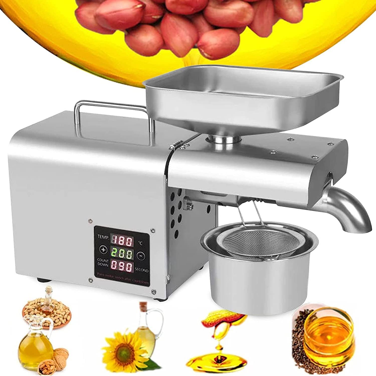 Aserzenith 1 Automatic Oil Press Machine With Dual Temperature Control, Oil Ex-Tractor Expeller Machine Hot/Cold Oil Press For Nuts Walnut Linseed Almond Rapeseed Sesame Stainless Steel