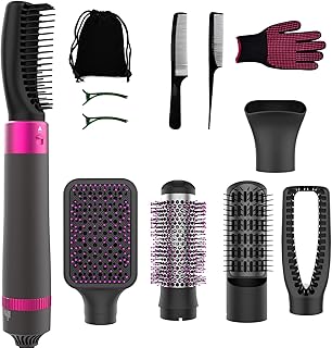 5 in 1 Styling Hot Air Brush with Negative Ion - Detachable and Interchangeable Bristles for Straightening, Curling, Drying, Combing, and Scalp Massage - Heat Brush with Glove