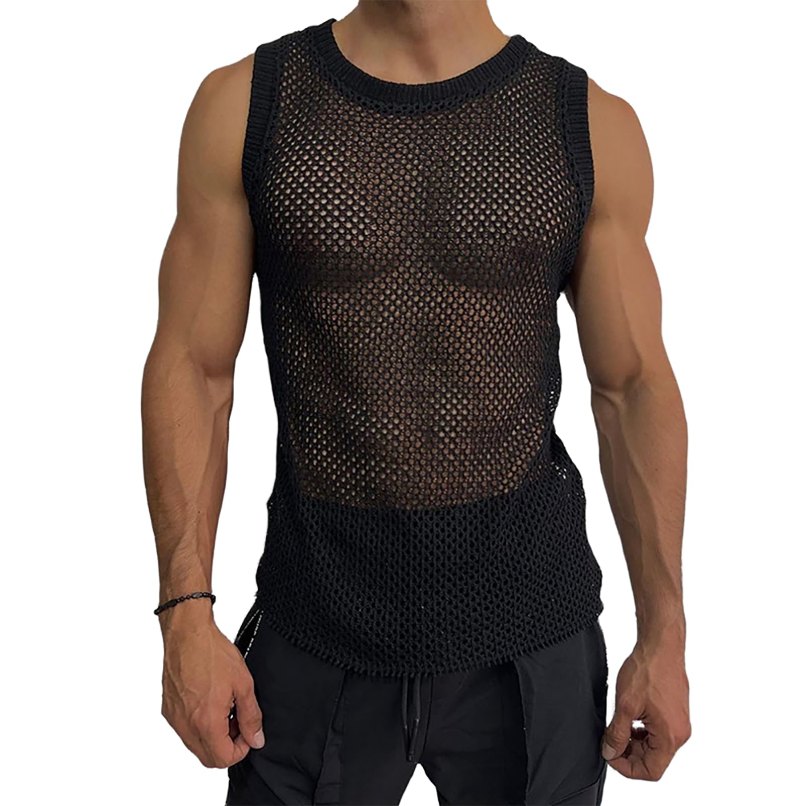 Generisch Herren Rundhalsausschnitt Ärmellose Hohlstrickweste Sommermode Durchsichtige Häkel-Tanktops