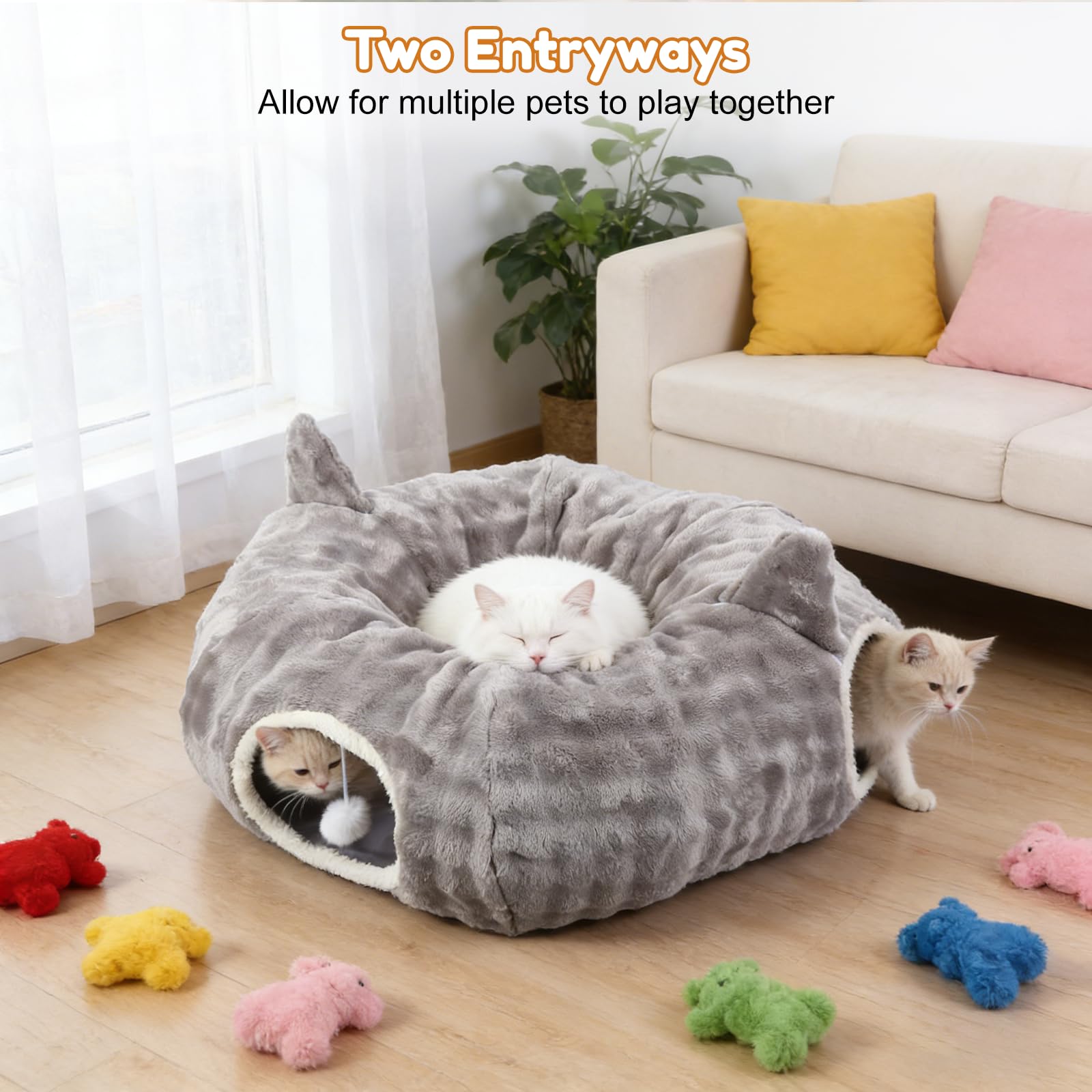 Tunnel per Gatti, Tunnel Gatto e Cuccia 2 in 1 con Giocattoli Pendenti, Tunnel Gatto con 2 Ingressi, Cuscino Circolare Lavabile, Tubo per Gatti Gioco Pieghevole per Gattini/Cuccioli/Conigli