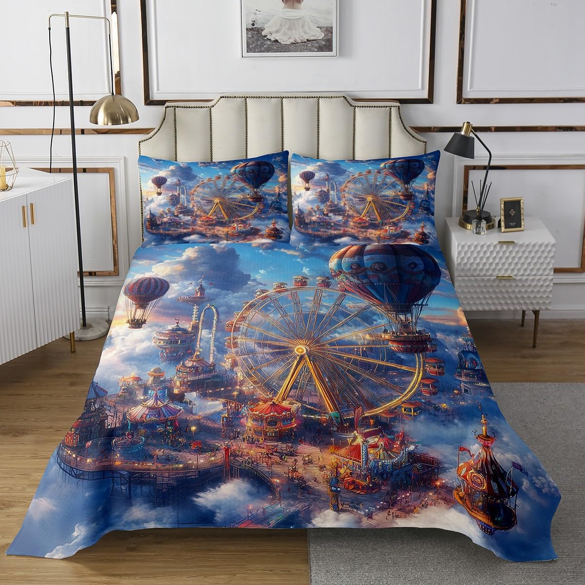 Erosebridal Ferris Wheel Quilt Set Queen Cartoon Amusement Park Bedspread Set for Kids Funny Carousel Coverlet Set Happy Holiday Bedroom Decor Hot Air Balloon Sky Clouds Bed Set