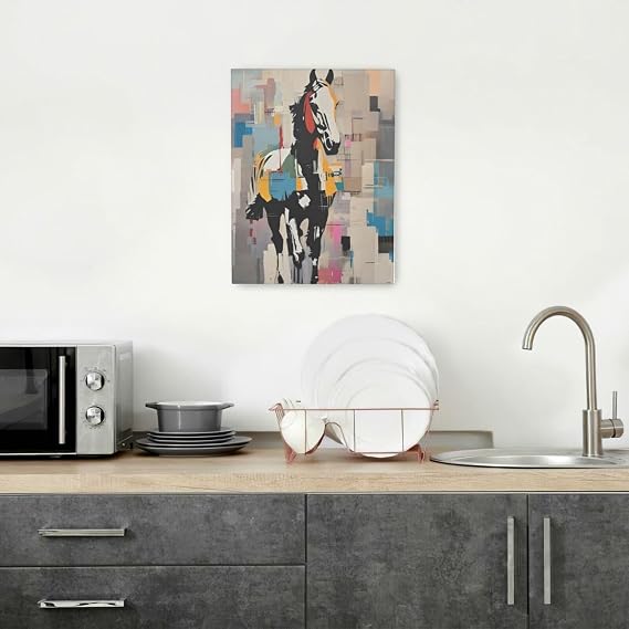 Banksy Street Graffiti Wall Art Modern Abstract Horse Canvas Wall Decor Abstract Running Horse Pop Pictures Painting Print Framed Artwork Decorations for Living Room Bedroom Home Office 12x16
