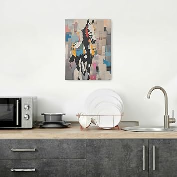 Banksy Street Graffiti Wall Art Modern Abstract Horse Canvas Wall Decor Abstract Running Horse Pop Pictures Painting Print Framed Artwork Decorations for Living Room Bedroom Home Office 12x16