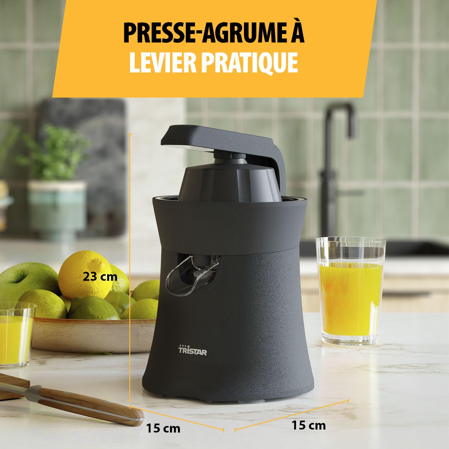 Tristar Presse-agrumes | Pièces résistantes au lave-vaisselle | 2 cônes de pression | Levier de pression convivial | Filtre à pulpe | Service direct | CP-3015, Noir