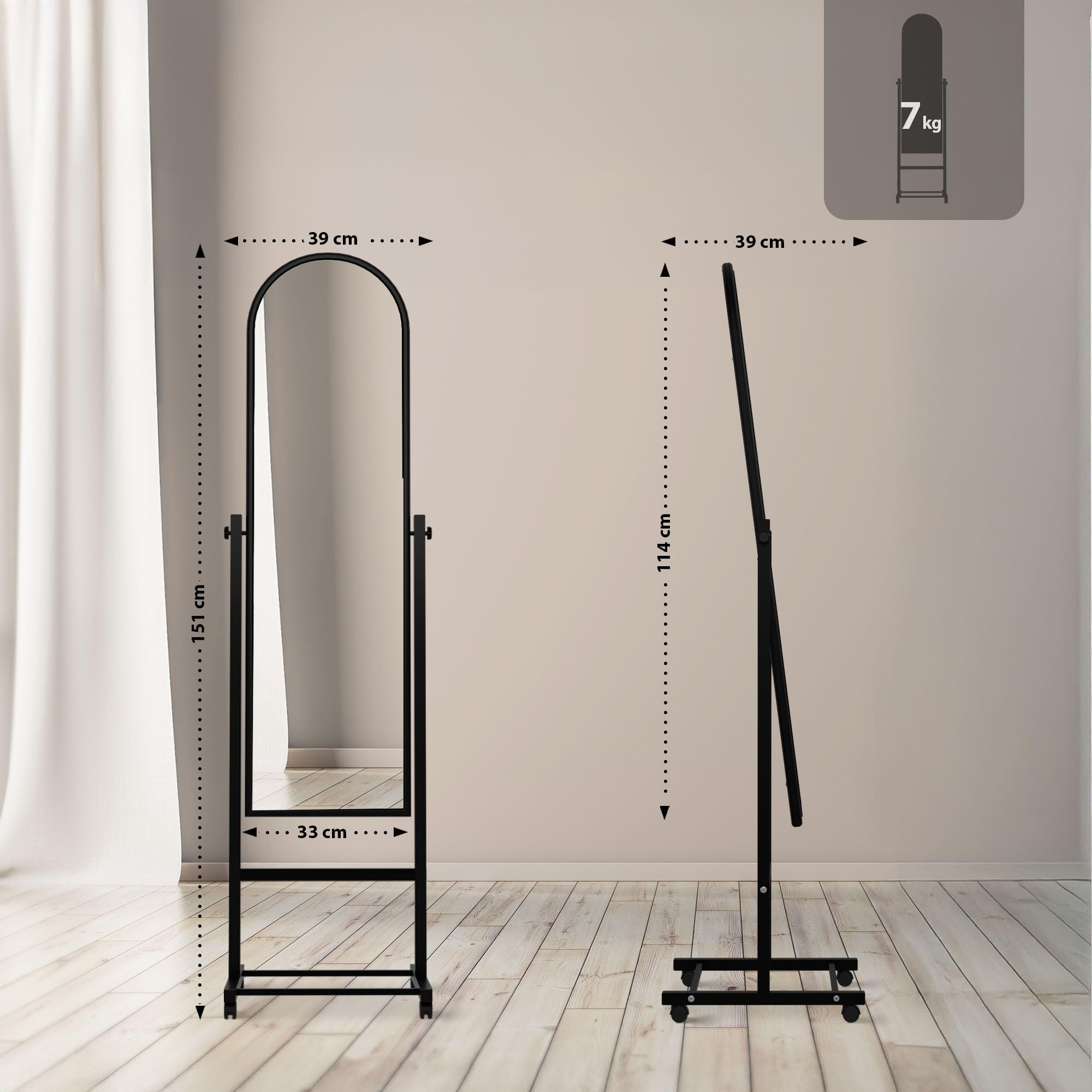 Miroir sur Pied Evoir avec roulettes, Corps Entier, Cadre métallique, Inclinable, Pivotant 360°, Noir
