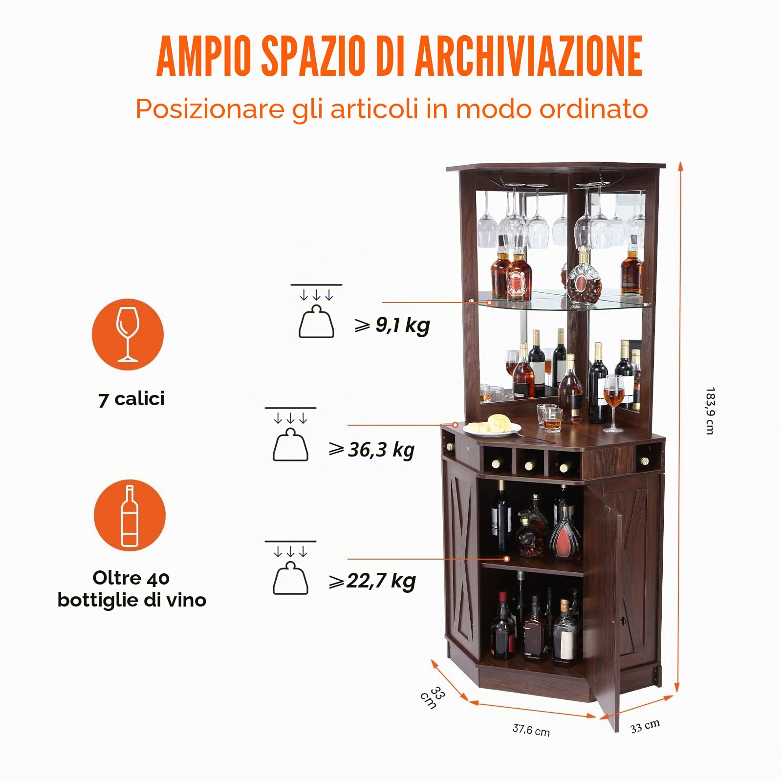 VEVOR Mobile Bar Industriale ad Angolo, Tavolo da Vino per Liquori e Bicchieri, Credenza Buffet con Porta Bicchieri, Mobile Bar Indipendente in Legno per Soggiorno, Bar di Casa, Noce Nera