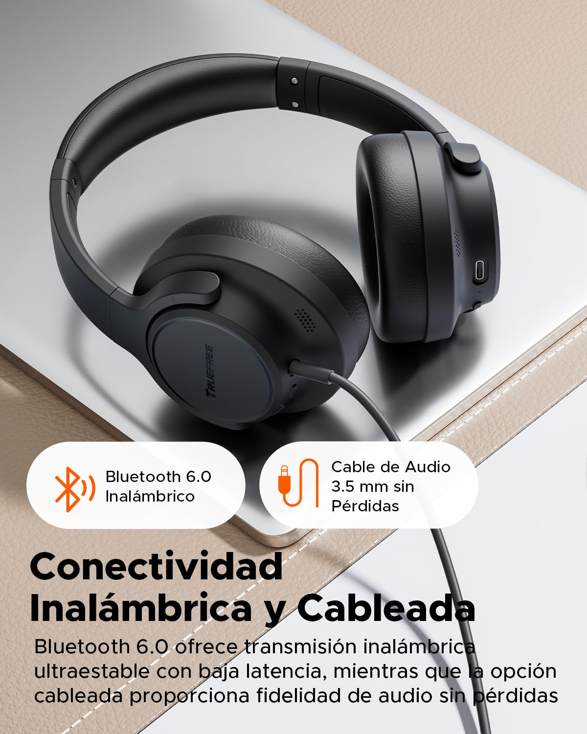 truefree Auriculares Bluetooth 6.0 con ANC, 125H de Autonomía, Supraaural | Diadema Supraaural, Carga Rápida, EQ Personalizable mediante App, Conexión Multipunto