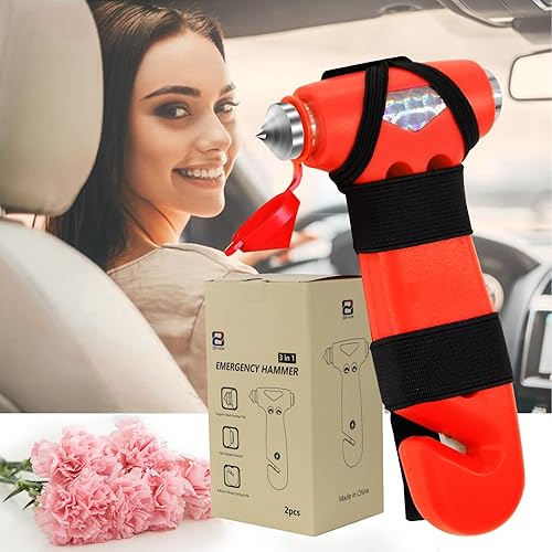 Miniatura 8 de ZEN HON Martillo de seguridad para automóvil para dama, paquete de 2 herramientas de escape de emergencia 3 en 1 rojas con rompeventanas y cortador