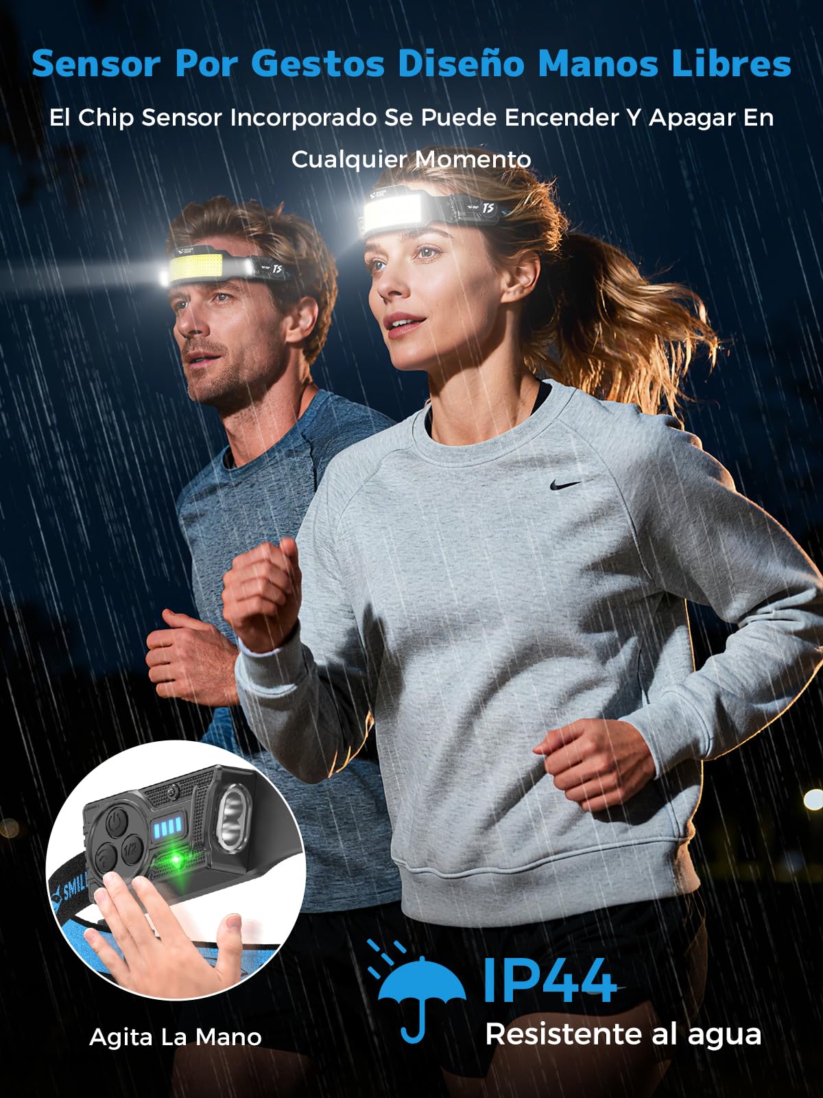 Smiling Shark TS-6 Lámpara Frontal, Linterna Cabaza LED Recargable 2400mAh con Doble Foco Ajustable&Inclinable Sensor de Movimiento Diseño Manos Libres para Camping Jogging Senderismo Correr (2)